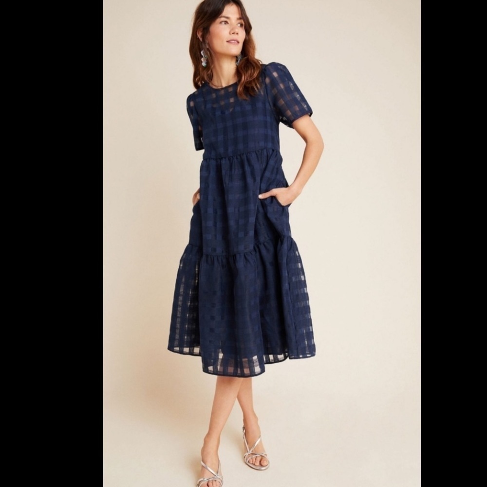 ERI + ALI Austen Tiered Short Sleeved Navy Midi Dr